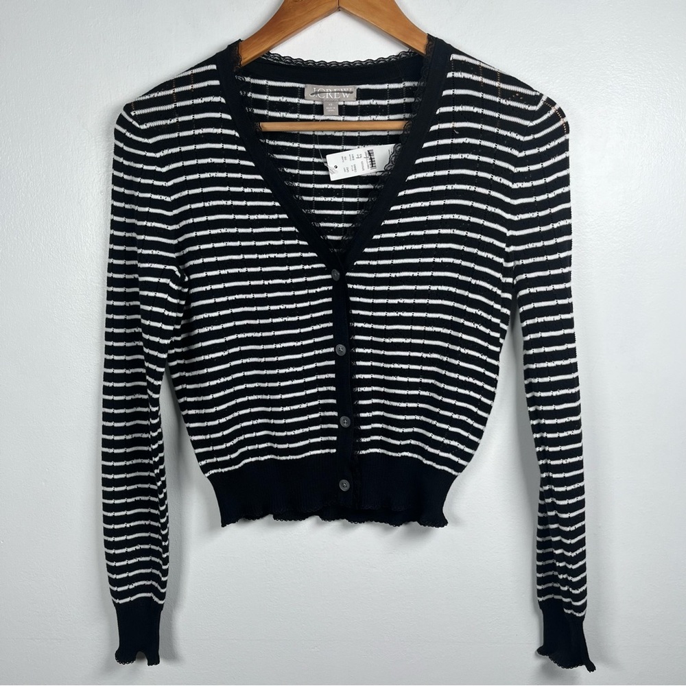 J.Crew Pointelle V Neck Sweater Cardigan Size XS Striped Ultra Fine Cotton